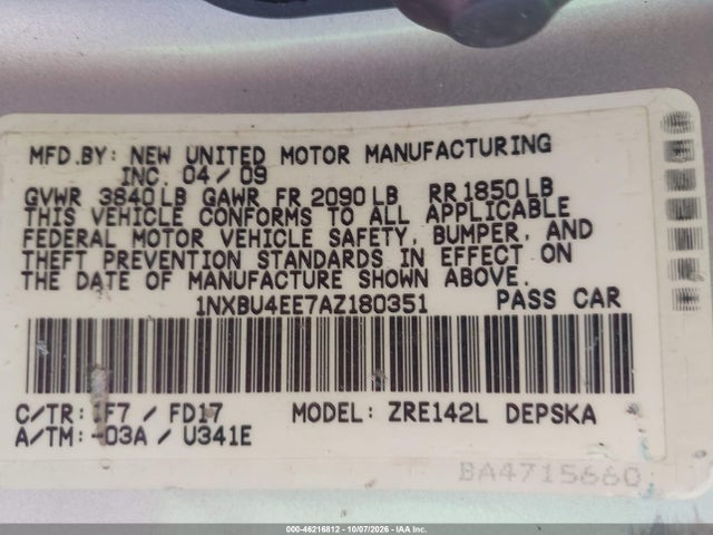 Продаж на аукціоні авто 2010 Toyota Corolla S, vin: 1NXBU4EE7AZ180351, номер лоту: 46216812