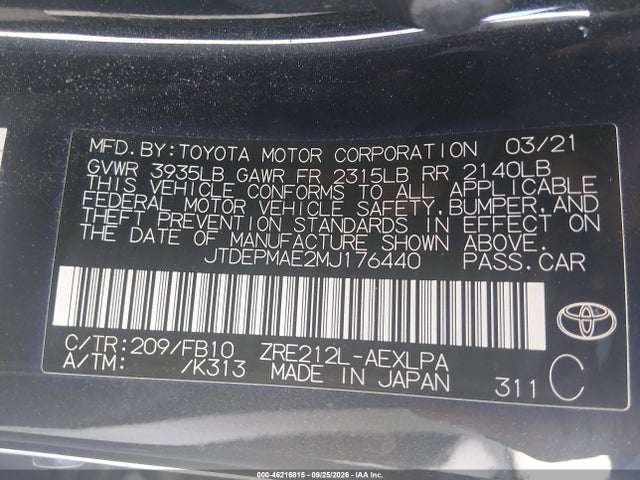 Продажа на аукционе авто 2021 Toyota Corolla Le, vin: JTDEPMAE2MJ176440, номер лота: 46216815