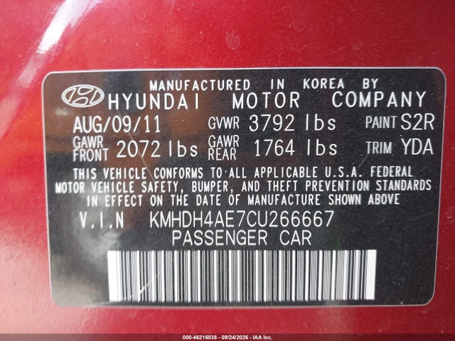 Aukcja sprzedaży 2012 Hyundai Elantra Gls (ulsan Plant), vin: KMHDH4AE7CU266667, numer aukcji: 46216838
