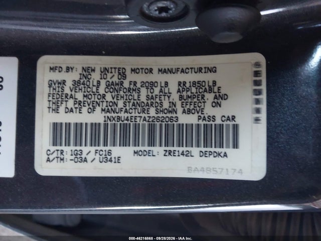 2010 Toyota Corolla Le მანქანა იყიდება აუქციონზე, vin: 1NXBU4EE7AZ262063, აუქციონის ნომერი: 46216868