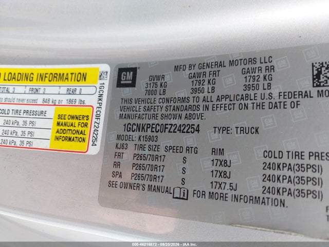 Продаж на аукціоні авто 2015 Chevrolet Silverado 1500 Wt, vin: 1GCNKPEC0FZ242254, номер лоту: 46216872