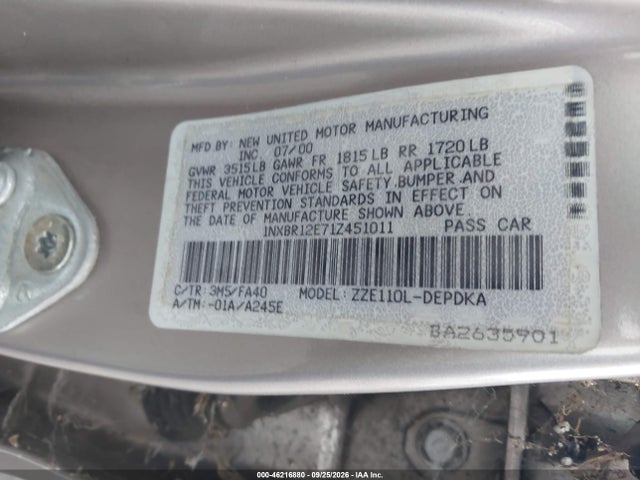 Продаж на аукціоні авто 2001 Toyota Corolla Le, vin: 1NXBR12E71Z451011, номер лоту: 46216880
