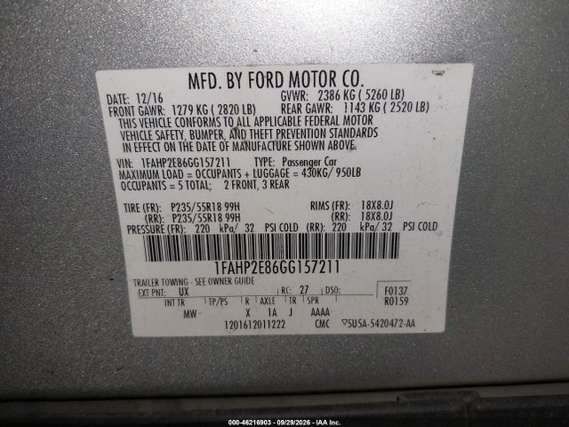 2016 Ford Taurus Sel მანქანა იყიდება აუქციონზე, vin: 1FAHP2E86GG157211, აუქციონის ნომერი: 46216903