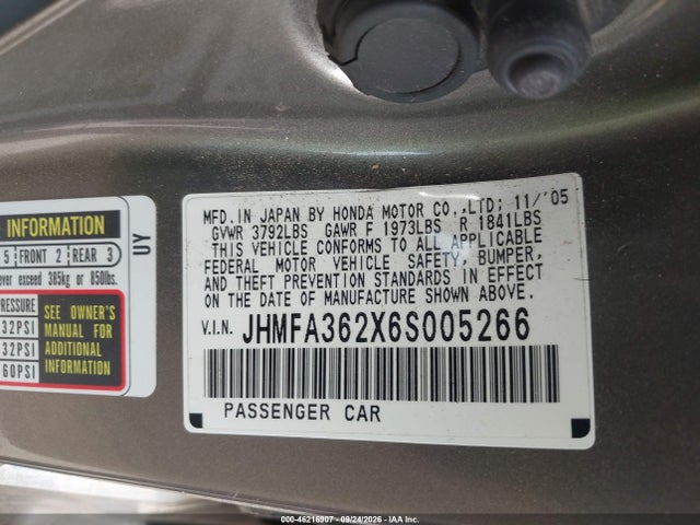46216907 :رقم المزاد ، JHMFA362X6S005266 vin ، 2006 Honda Civic Hybrid مزاد بيع