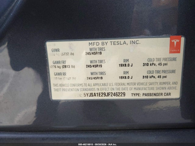 46216915 :رقم المزاد ، 5YJSA1E29JF246229 vin ، 2018 Tesla Modelo S 100d/75d/p100d مزاد بيع