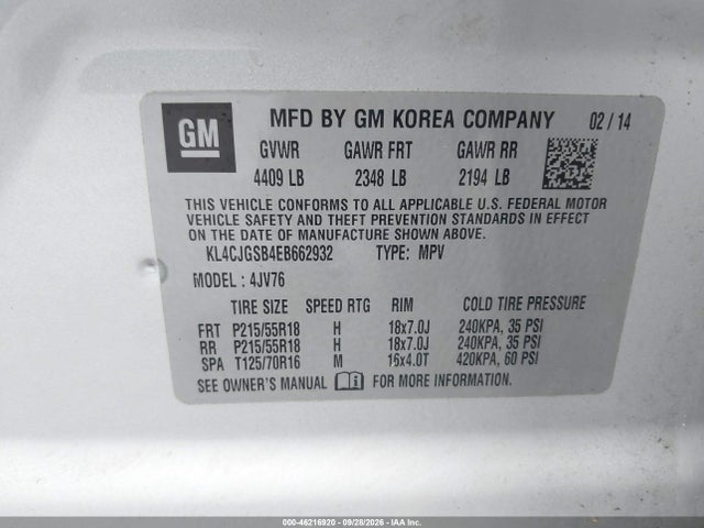 2014 Buick Encore Leather მანქანა იყიდება აუქციონზე, vin: KL4CJGSB4EB662932, აუქციონის ნომერი: 46216920