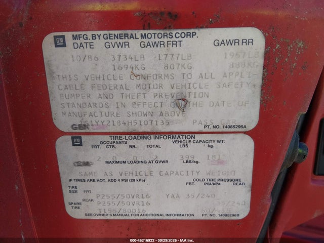 46216922 :رقم المزاد ، 1G1YY2184H5107135 vin ، 1987 Chevrolet Corvette مزاد بيع