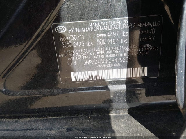 46216943 :رقم المزاد ، 5NPEC4AB6CH429204 vin ، 2012 Hyundai Sonata Se 2.0t مزاد بيع
