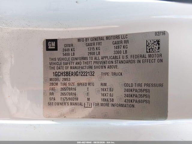 46216948 :رقم المزاد ، 1GCHSBEA9G1222132 vin ، 2016 Chevrolet Colorado Wt مزاد بيع