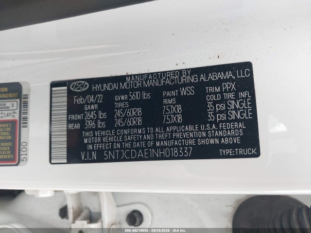 Aukcja sprzedaży 2022 Hyundai Santa Cruz Sel, vin: 5NTJCDAE1NH018337, numer aukcji: 46216955