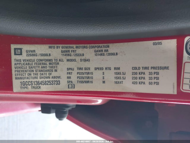 46216957 :رقم المزاد ، 1GCCS136458253733 vin ، 2005 Chevrolet Colorado Ls مزاد بيع