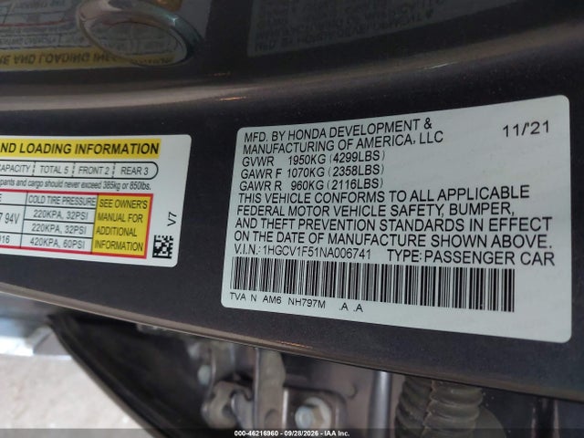Продажа на аукционе авто 2022 Honda Accord Ex-l, vin: 1HGCV1F51NA006741, номер лота: 46216960