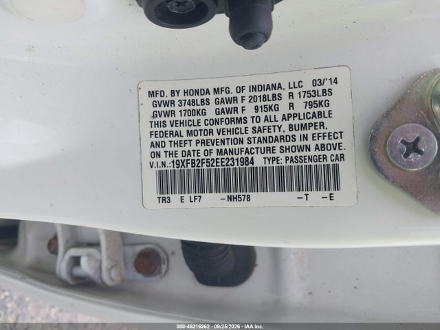2014 Honda Civic Lx მანქანა იყიდება აუქციონზე, vin: 19XFB2F52EE231984, აუქციონის ნომერი: 46216962