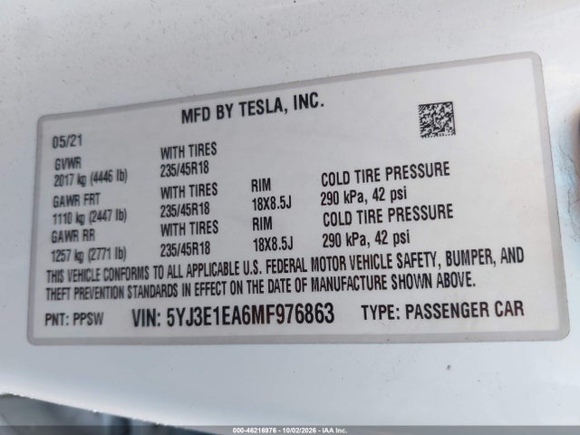 Продаж на аукціоні авто 2021 Tesla Model 3 Standard Range Plus Rear-wheel Drive, vin: 5YJ3E1EA6MF976863, номер лоту: 46216976