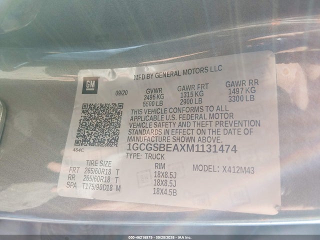 46216979 :رقم المزاد ، 1GCGSBEAXM1131474 vin ، 2021 Chevrolet Colorado 2wd  Short Box Wt مزاد بيع