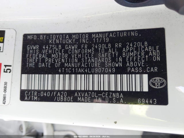 Продаж на аукціоні авто 2020 Toyota Camry Le, vin: 4T1C11AK4LU907049, номер лоту: 46216989