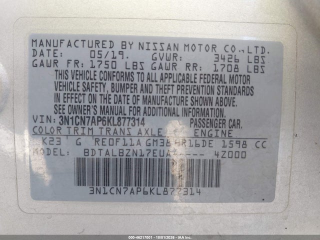 Продажа на аукционе авто 2019 Nissan Versa 1.6 Sv, vin: 3N1CN7AP6KL877314, номер лота: 46217001