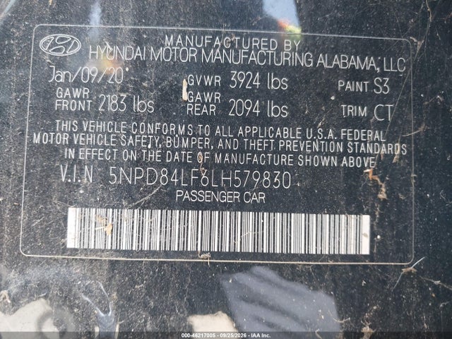 46217005 :رقم المزاد ، 5NPD84LF6LH579830 vin ، 2020 Hyundai Elantra Sel مزاد بيع