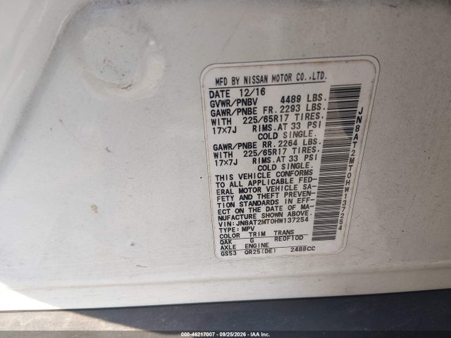 46217007 :رقم المزاد ، JN8AT2MT0HW137254 vin ، 2017 Nissan Rogue S مزاد بيع