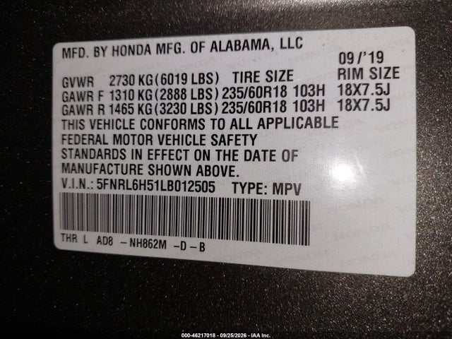 Honda ODYSSEY EX 2020 5FNRL6H51LB012505 Image 9