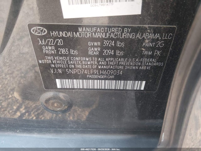 Продаж на аукціоні авто 2020 Hyundai Elantra Se, vin: 5NPD74LF9LH609034, номер лоту: 46217026