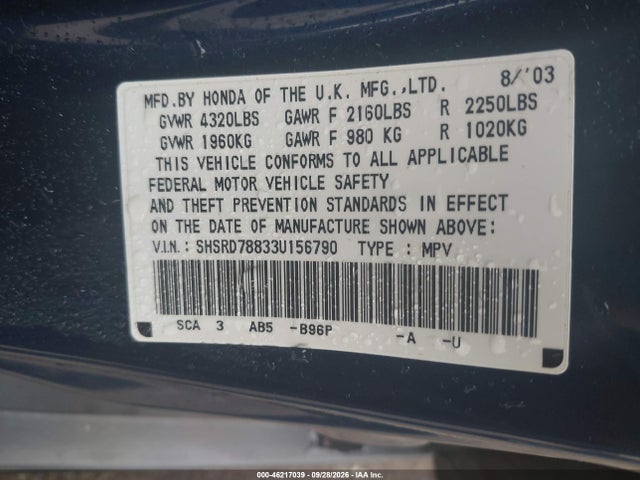 Aukcja sprzedaży 2003 Honda Cr-v Ex, vin: SHSRD78833U156790, numer aukcji: 46217039