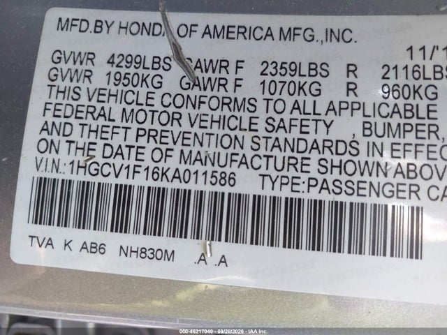 2019 Honda Accord Lx მანქანა იყიდება აუქციონზე, vin: 1HGCV1F16KA011586, აუქციონის ნომერი: 46217040