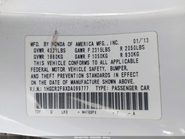 Продажа на аукционе авто 2013 Honda Accord Ex-l, vin: 1HGCR2F8XDA099777, номер лота: 46217054