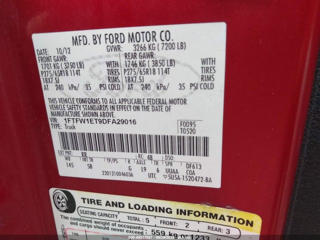 Продаж на аукціоні авто 2013 Ford F-150 Fx4, vin: 1FTFW1ET9DFA29016, номер лоту: 46217057