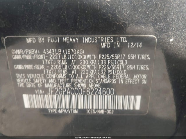 Aukcja sprzedaży 2015 Subaru Xv Crosstrek 2.0i Premium, vin: JF2GPACC0F8224600, numer aukcji: 46217058