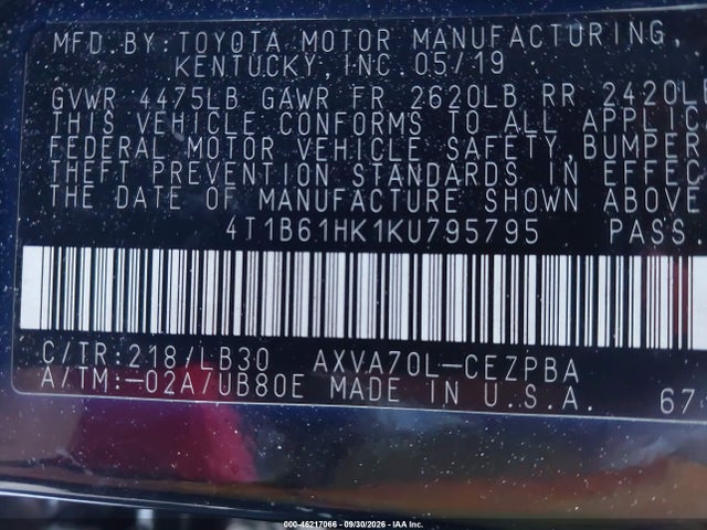 2019 Toyota Camry Xse მანქანა იყიდება აუქციონზე, vin: 4T1B61HK1KU795795, აუქციონის ნომერი: 46217066