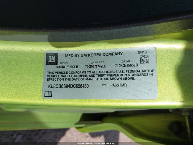 46217083 :رقم المزاد ، KL8CB6S94DC626430 vin ، 2013 Chevrolet Spark Ls Auto مزاد بيع