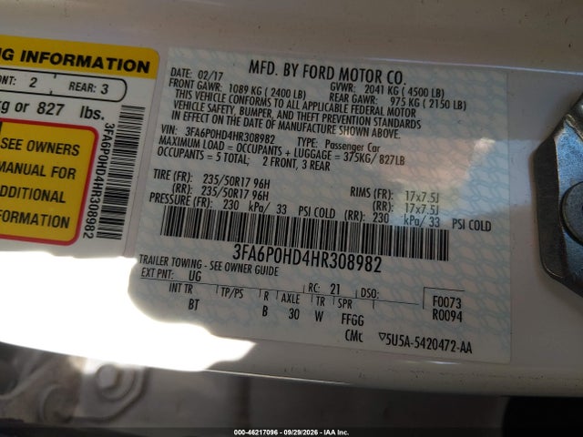 46217096 :رقم المزاد ، 3FA6P0HD4HR308982 vin ، 2017 Ford Fusion Se مزاد بيع