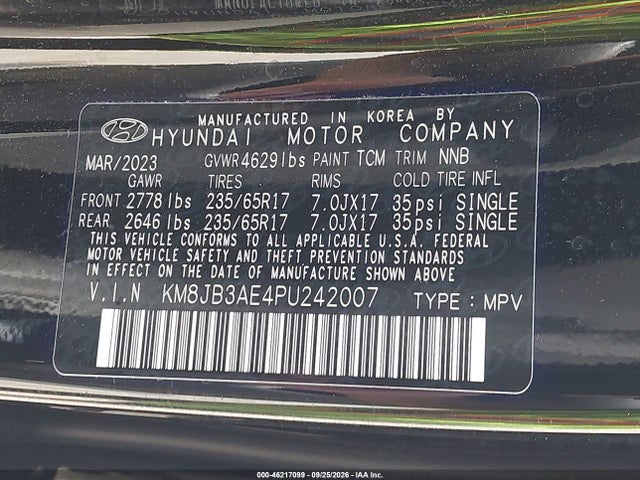 2023 Hyundai Tucson Sel მანქანა იყიდება აუქციონზე, vin: KM8JB3AE4PU242007, აუქციონის ნომერი: 46217099