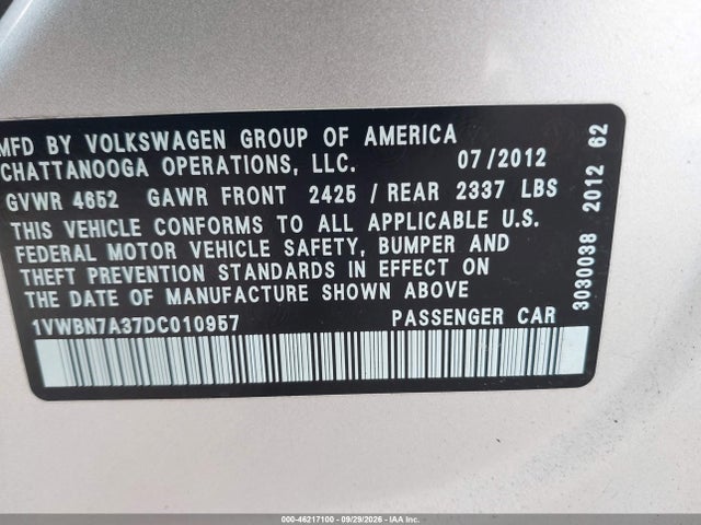 46217100 :رقم المزاد ، 1VWBN7A37DC010957 vin ، 2013 Volkswagen Passat 2.0l Tdi Se مزاد بيع