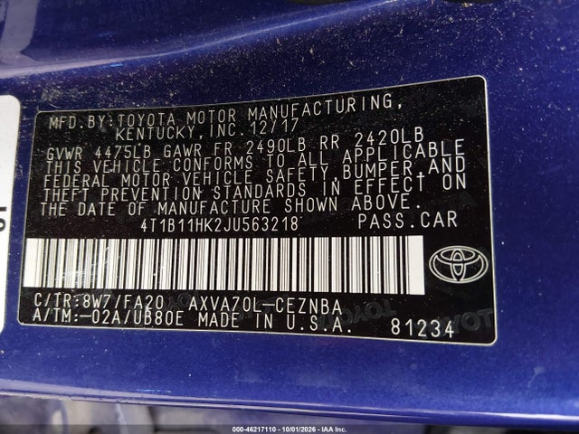 2018 Toyota Camry Le მანქანა იყიდება აუქციონზე, vin: 4T1B11HK2JU563218, აუქციონის ნომერი: 46217110