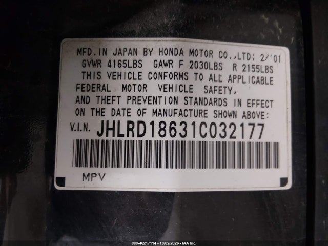 Продажа на аукционе авто 2001 Honda Cr-v Ex, vin: JHLRD18631C032177, номер лота: 46217114