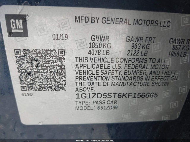 Продажа на аукционе авто 2019 Chevrolet Malibu Lt, vin: 1G1ZD5ST6KF156665, номер лота: 46217117