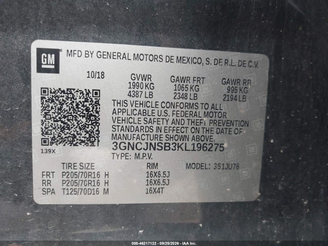 2019 Chevrolet Trax Ls მანქანა იყიდება აუქციონზე, vin: 3GNCJNSB3KL196275, აუქციონის ნომერი: 46217122