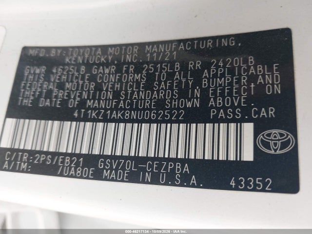 Aukcja sprzedaży 2022 Toyota Camry Trd, vin: 4T1KZ1AK8NU062522, numer aukcji: 46217134
