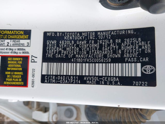Aukcja sprzedaży 2012 Toyota Camry Hybrid Xle, vin: 4T1BD1FK5CU056259, numer aukcji: 46217147