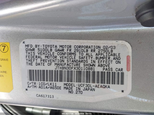 46217166 :رقم المزاد ، JTHBN30FX30110881 vin ، 2003 Lexus Ls 430 مزاد بيع