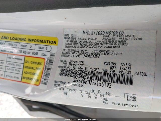 Продаж на аукціоні авто 2015 Ford Fusion Se, vin: 3FA6P0HD7FR156192, номер лоту: 46217167