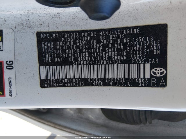 Aukcja sprzedaży 2018 Toyota Corolla Le, vin: 5YFBURHE1JP814134, numer aukcji: 46217168