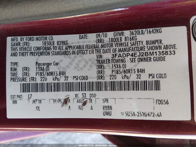 46217172 :رقم المزاد ، 3FADP4EJ2BM135833 vin ، 2011 Ford Fiesta Se مزاد بيع
