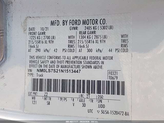 Продаж на аукціоні авто 2022 Ford Transit Connect Xl, vin: NM0LS7S21N1513447, номер лоту: 46217177