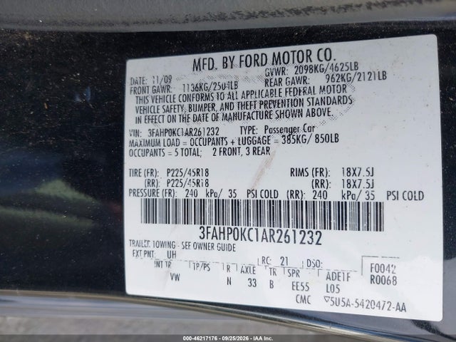 46217176 :رقم المزاد ، 3FAHP0KC1AR261232 vin ، 2010 Ford Fusion Sport مزاد بيع
