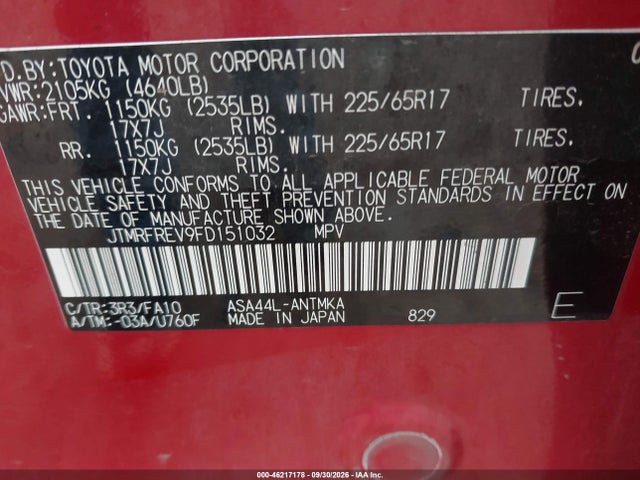 Aukcja sprzedaży 2015 Toyota Rav4 Xle, vin: JTMRFREV9FD151032, numer aukcji: 46217178
