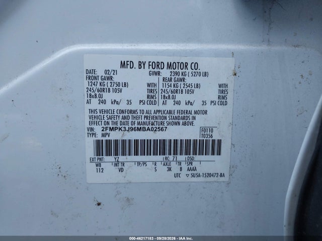 Продажа на аукционе авто 2021 Ford Edge Sel, vin: 2FMPK3J96MBA02567, номер лота: 46217183
