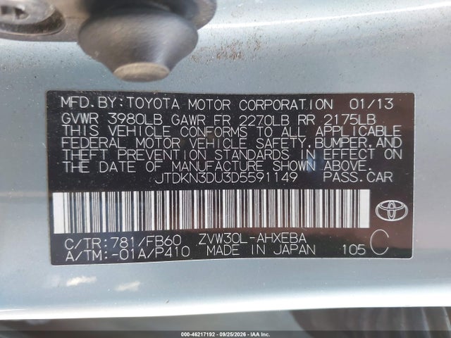 46217192 :رقم المزاد ، JTDKN3DU3D5591149 vin ، 2013 Toyota Prius Three مزاد بيع